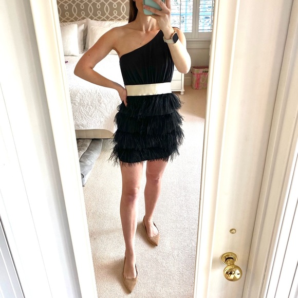 KARLIE Tuckernuck One Shoulder Tiered Black Feather Mini Dress Cocktail Party - Picture 4 of 12